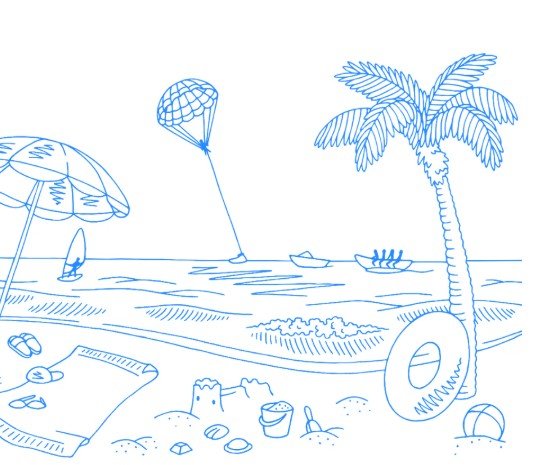 Beach illustration with palm tree and parasol